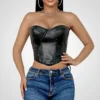 Corset negro efecto cuero para mujer – Corset sexy con varillas moldeadoras y cordones ajustables
