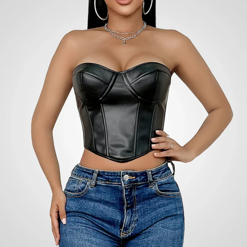 Corset negro efecto cuero para mujer – Corset sexy con varillas moldeadoras y cordones ajustables