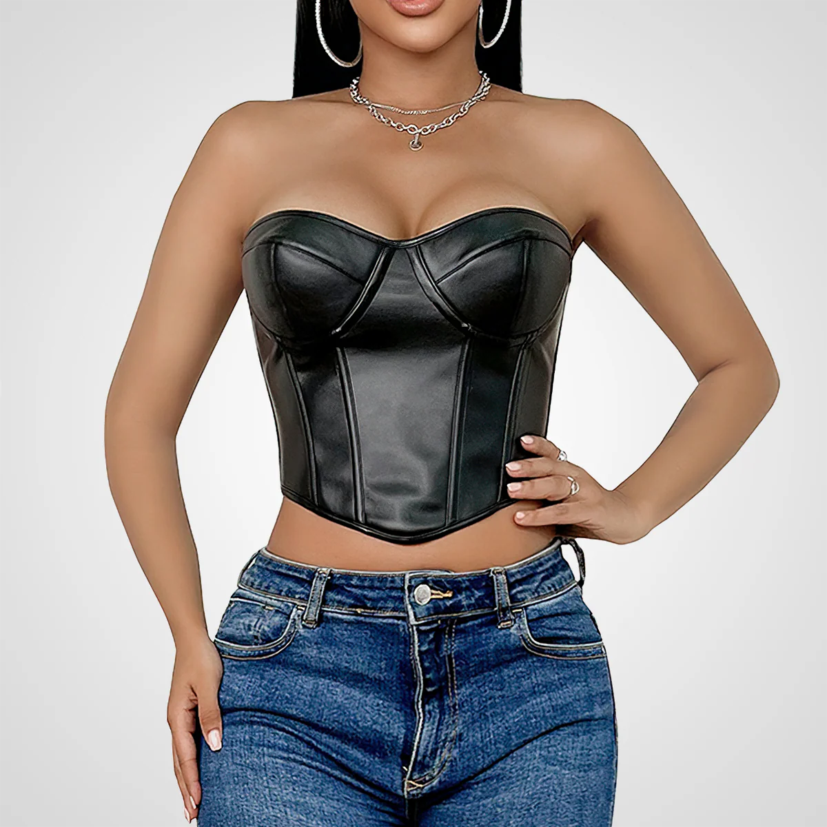 Corset negro efecto cuero para mujer – Corset sexy con varillas moldeadoras y cordones ajustables
