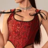 Corset negro y rojo con cordones – Lencería moldeadora con varillas y cierre frontal para mujer