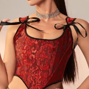 Corset negro y rojo con cordones – Lencería moldeadora con varillas y cierre frontal para mujer