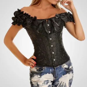 Corset negro con mangas abullonadas – Prenda gótica romántica con escote corazón y cordones ajustables