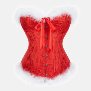 Corset rojo Mamá Noel para mujer – Lencería navideña con varillas, peluche blanco y cordones ajustables