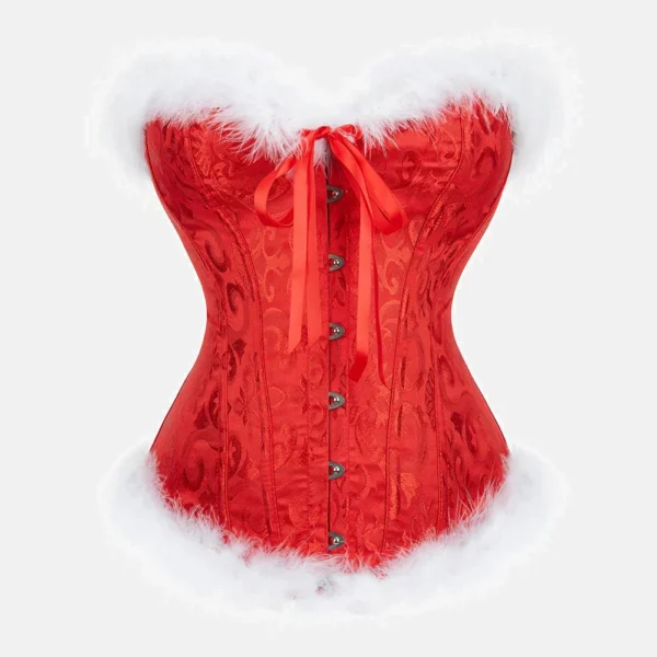 Corset rojo Mamá Noel para mujer – Lencería navideña con varillas, peluche blanco y cordones ajustables