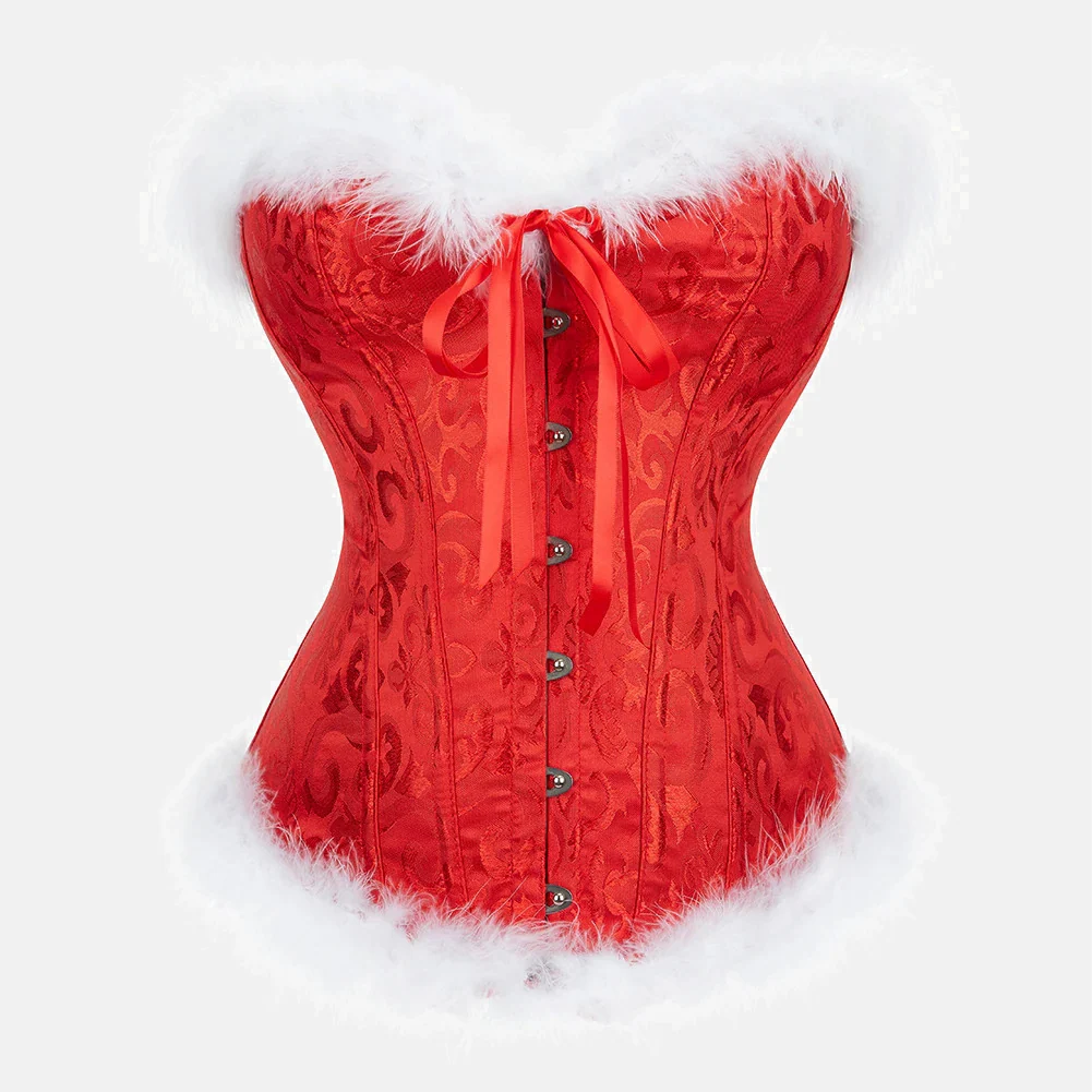 Corset rojo Mamá Noel para mujer – Lencería navideña con varillas, peluche blanco y cordones ajustables