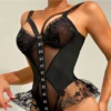 Corset negro de lencerÃa para mujer – Corset sexy con varillas, copas formadas y cordones traseros ajustables