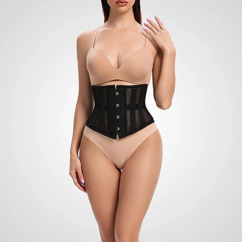 Corset underbust negro con varillas metálicas – Cinturilla ajustable para mujer con cierre busk