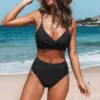 Bikini negro de talle alto con efecto reductor – Conjunto moldeador de 2 piezas para mujer