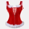 Corset Sexy Santa rojo para mujer – Corset navideño con varillas, cordones y peluche blanco