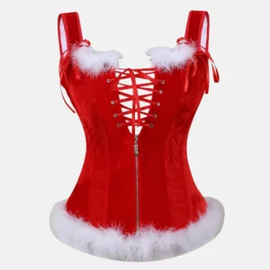 Corset Sexy Santa rojo para mujer – Corset navideño con varillas, cordones y peluche blanco