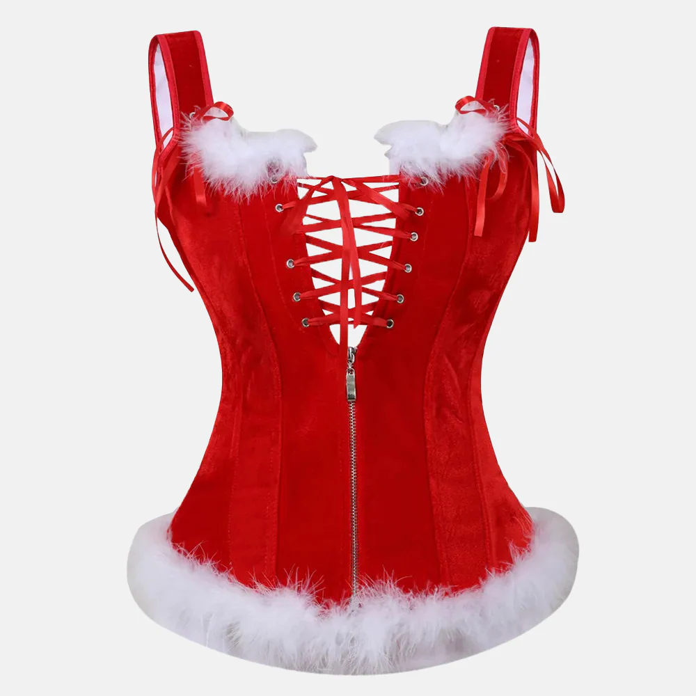 Corset Sexy Santa rojo para mujer – Corset navideño con varillas, cordones y peluche blanco